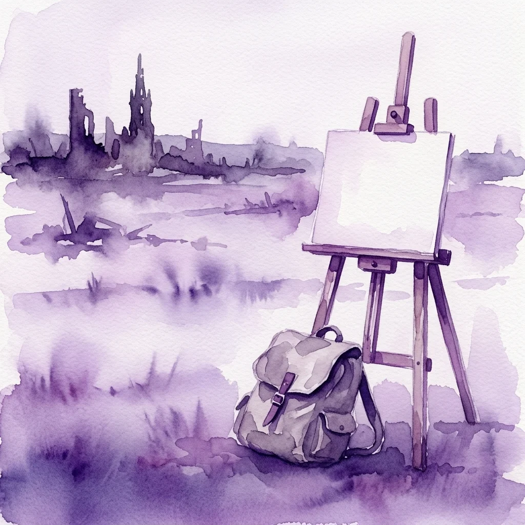 Una acuarela de una mochila y un caballete de artista frente a un paisaje devastado por la guerra, que evoca la documentación artística del conflicto durante las Guerras de los Balcanes y la Primera Guerra Mundial.