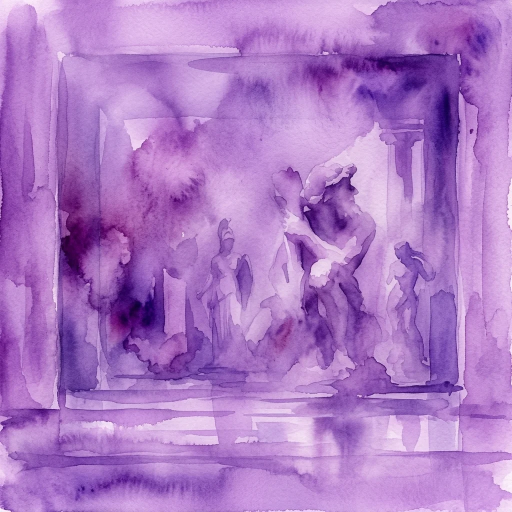 A purple watercolor illustration of a theatrical stage set inspired by Greek mythology, featuring statues of deities and classical architecture, representing Stanisław Wyspiański's 'November Night' at the Royal Łazienki Museum.