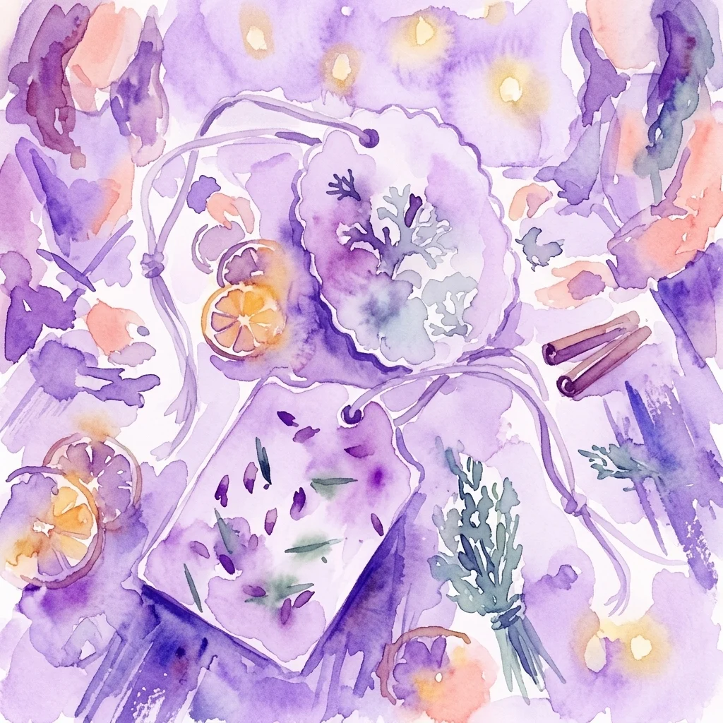 Een aquarelillustratie van handgemaakte, milieuvriendelijke vakantiegeschenken, waaronder gedroogde sinaasappelschijfjes, kaneelstokjes, lavendel en een geurige tablet, gerangschikt in een feestelijke, gezellige scène.