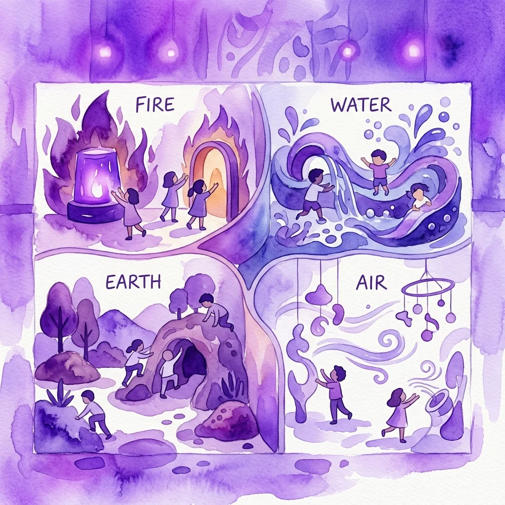 Een geïllustreerd diagram van de kinder tentoonstelling 'Idź na żywioł!', verdeeld in vier zones die vuur, water, aarde en lucht vertegenwoordigen, met spelende kinderen in elk element-thema gebied.