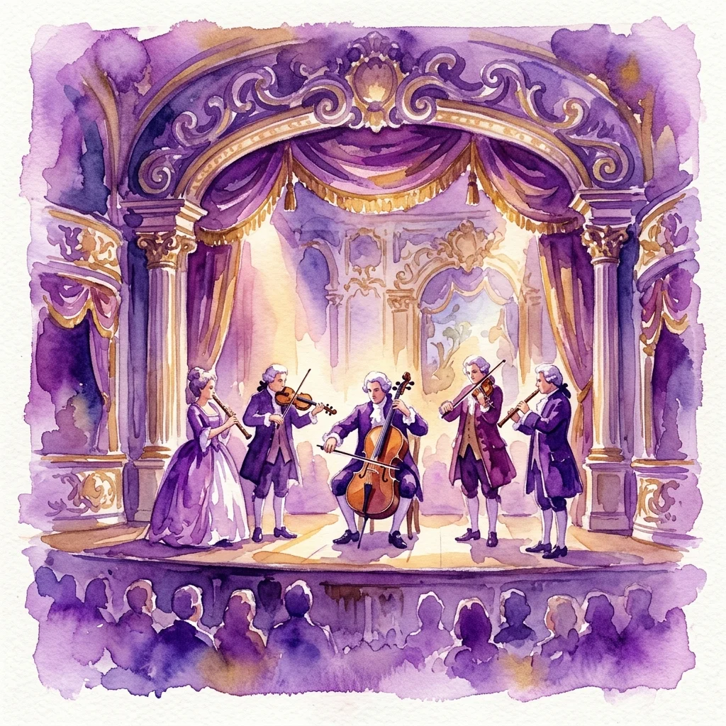 Ilustración en acuarela de una representación de ópera barroca en el Palacio de Łazienki, con músicos con trajes de época tocando violín, violonchelo y flauta en un escenario ornamentado con cortinas moradas y detalles dorados.