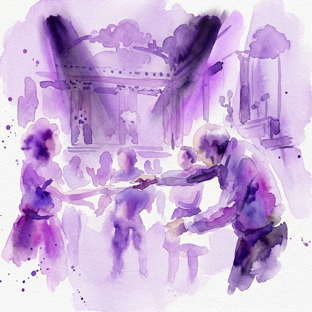 Ilustracja akwarelowa sceny teatralnej z wykonawcami i wyszukaną scenografią w odcieniach fioletu, przedstawiająca warsztaty teatralne dla dorosłych 'Iluzje' w Parku Łazienkowskim.
