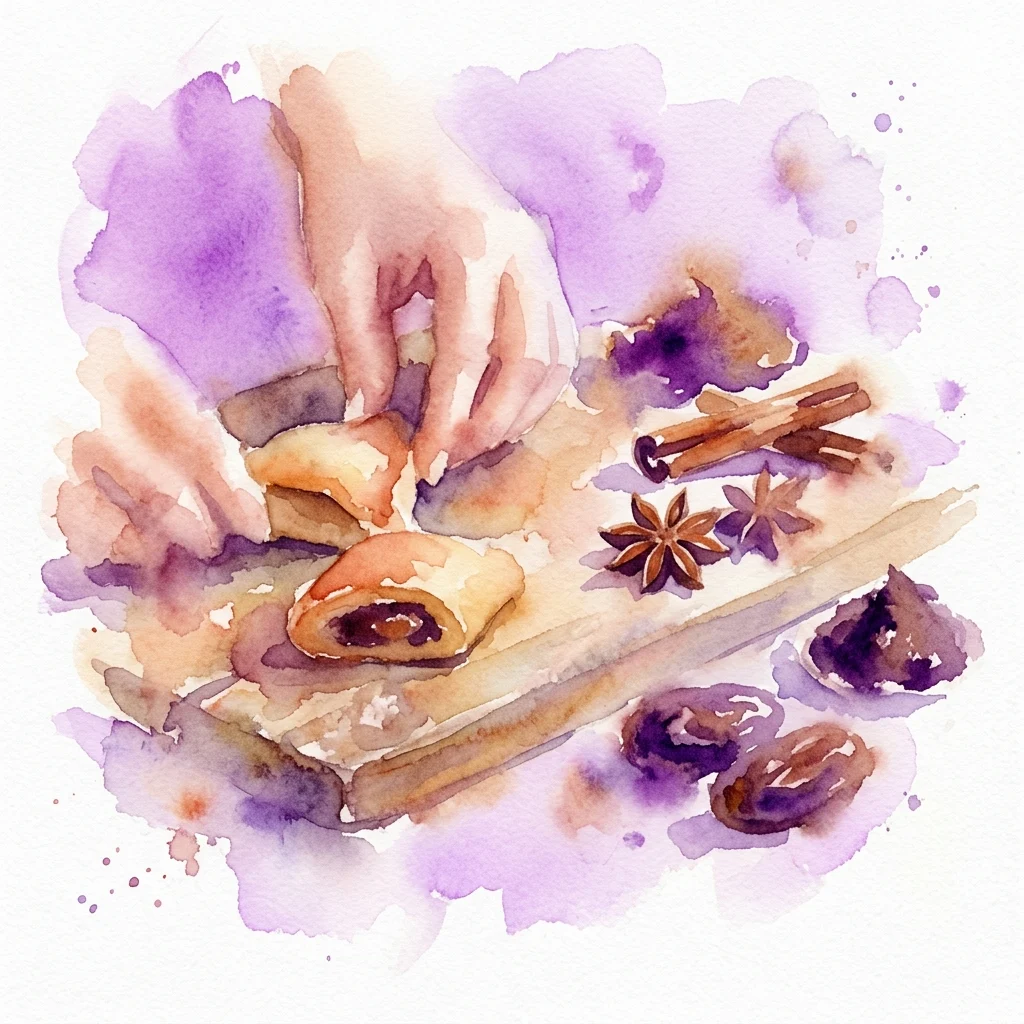 Ilustracja akwarelowa tradycyjnych maltańskich ciasteczek imqaret w trakcie przygotowania, z daktylami, laskami cynamonu i anyżem gwiazdkowatym na drewnianej powierzchni w fioletowych i ciepłych barwach.
