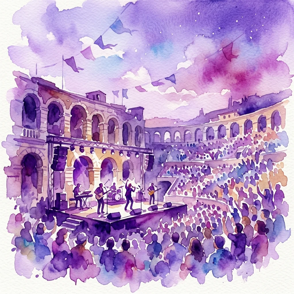 Watercolor illustration of a concert at the Royal Łazienki Museum amphitheater, featuring musicians on stage and a large audience under a purple sky with flags.