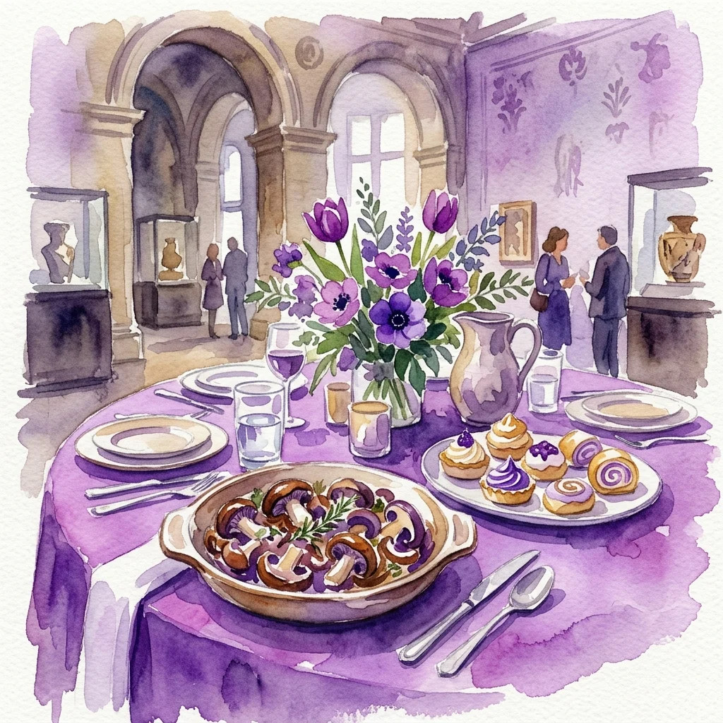 Ilustracja akwarelowa królewskiego nakrycia stołu z karmelizowanymi grzybami i wypiekami, umieszczona w galerii muzealnej z widocznymi w tle zwiedzającymi i ekspozycjami sztuki.