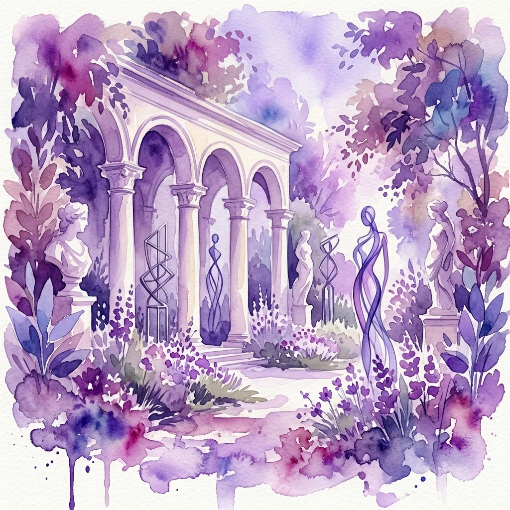 Una ilustración en acuarela de un jardín neoclásico con columnatas arqueadas, estatuas clásicas y plantas con flores moradas, que evoca el arte y la arquitectura de inspiración italiana en el Parque Real Łazienki.