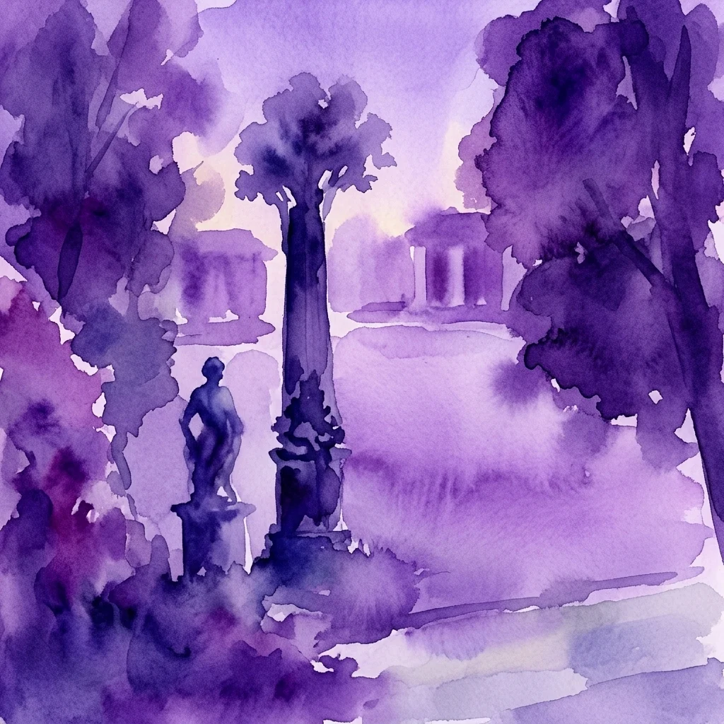 Een aquarel van een serene koninklijke tuin met klassieke sculpturen, weelderige bomen en een tempelachtig bouwwerk op de achtergrond, baadt in paarse tinten.