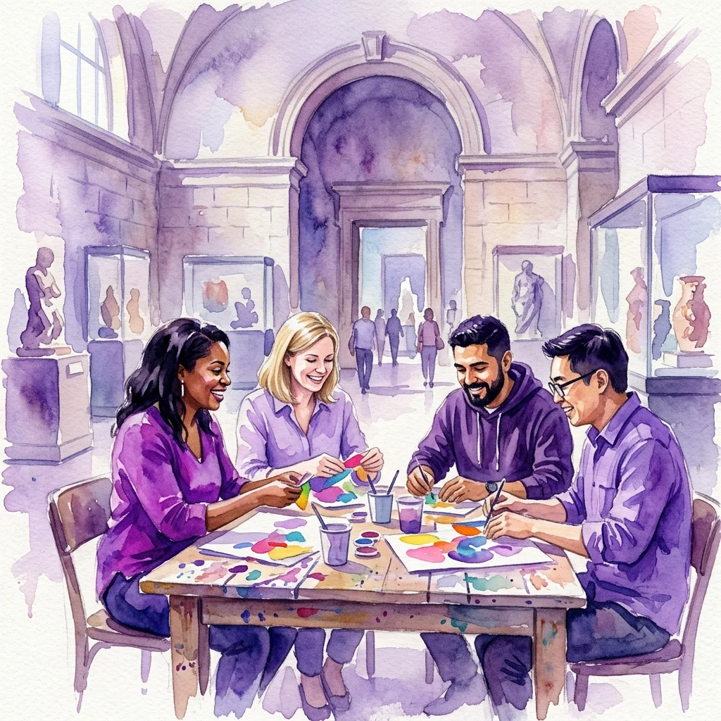 Diverse group of educators collaborating on a hands-on craft activity in a historic museum gallery, surrounded by classical sculptures and art displays.