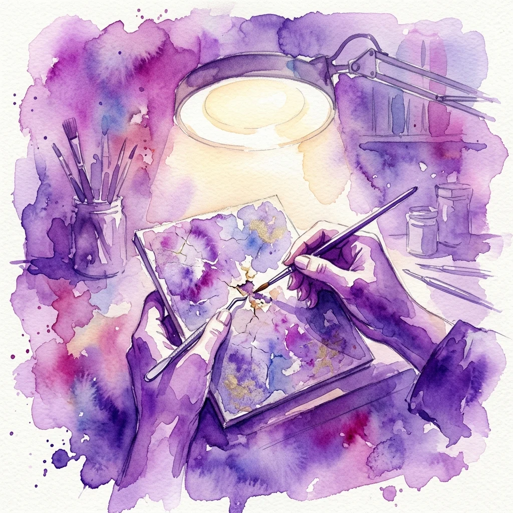 A conservator's hands restoring a cracked painting sample with fine tools under a magnifying lamp, surrounded by brushes and conservation materials.