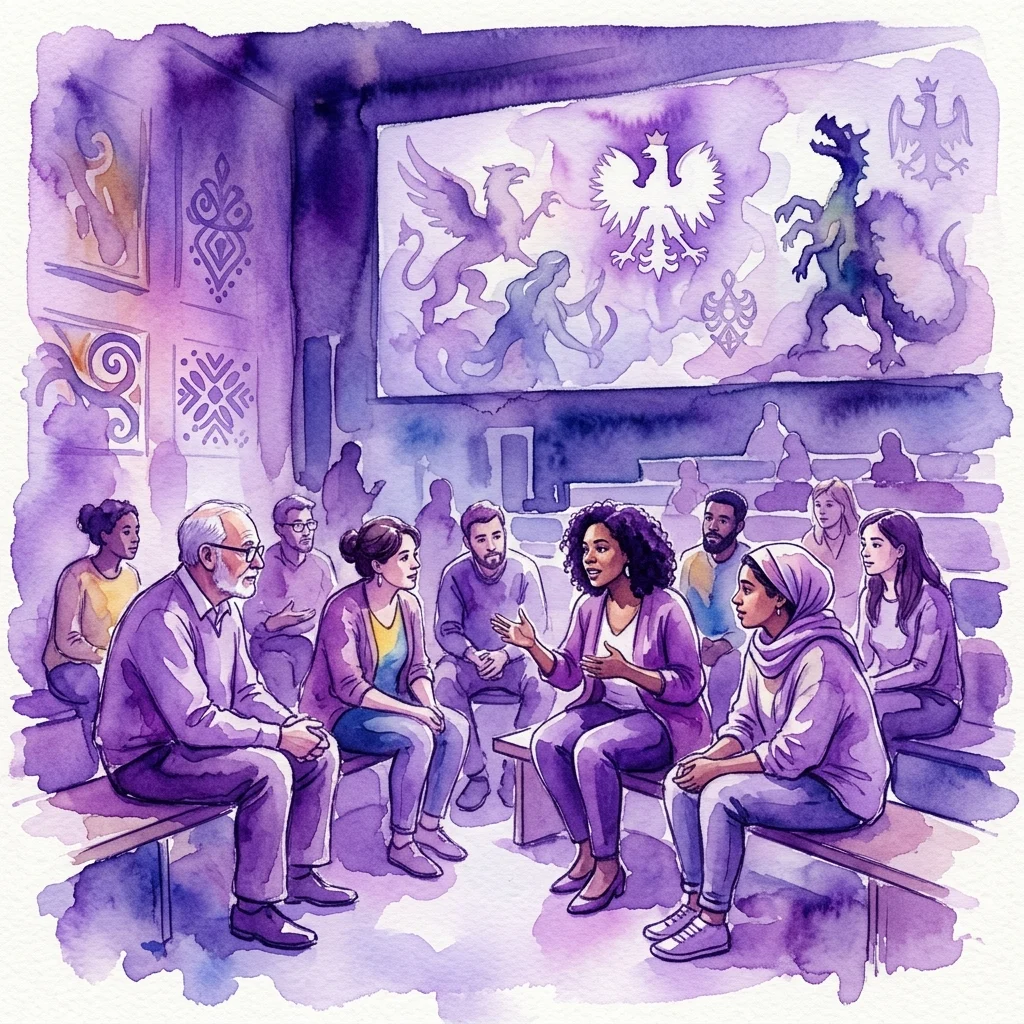 Un grupo diverso de adultos participando en una discusión en un auditorio, con un telón de fondo de símbolos polacos como el águila blanca y criaturas míticas, relacionado con la exposición 'Jak napisać mit? Opowieści, rytuały i pamięć zbiorowa'.