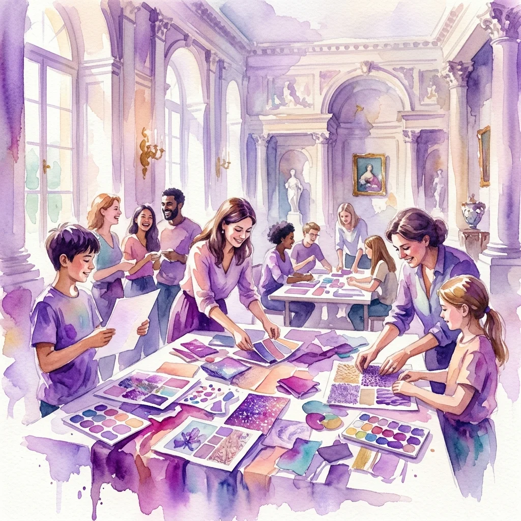 Dorośli i młodzież uczestniczą w warsztatach tworzenia moodboardów w Muzeum Łazienki Królewskie, poznając kolor, fakturę i kompozycję w historycznym pałacowym otoczeniu.