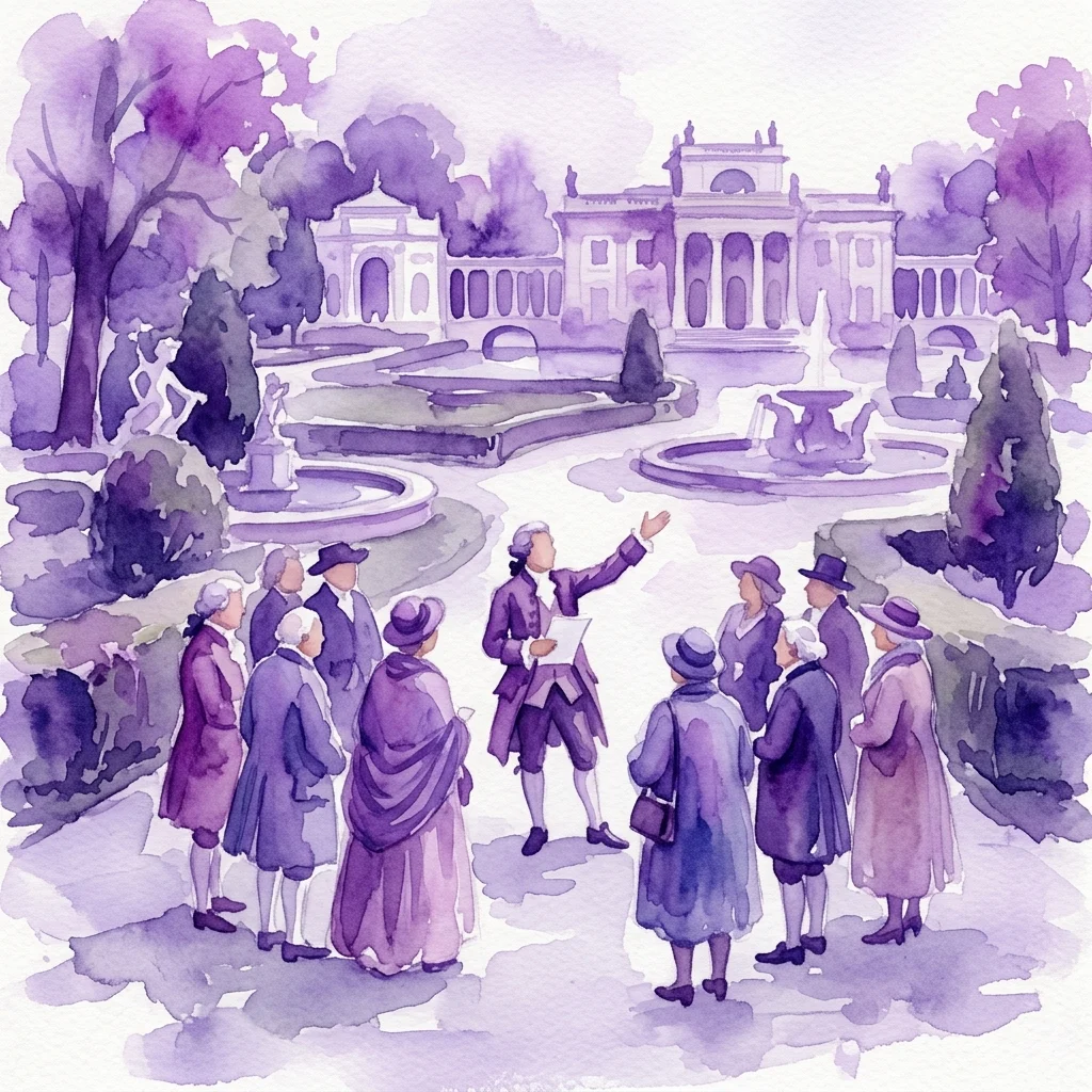 Ilustracja akwarelowa historycznego spaceru z przewodnikiem po Parku Łazienkowskim, przedstawiająca prezentera w stroju z XVIII wieku prowadzącego grupę dorosłych i seniorów przez barokowe ogrody i architekturę.