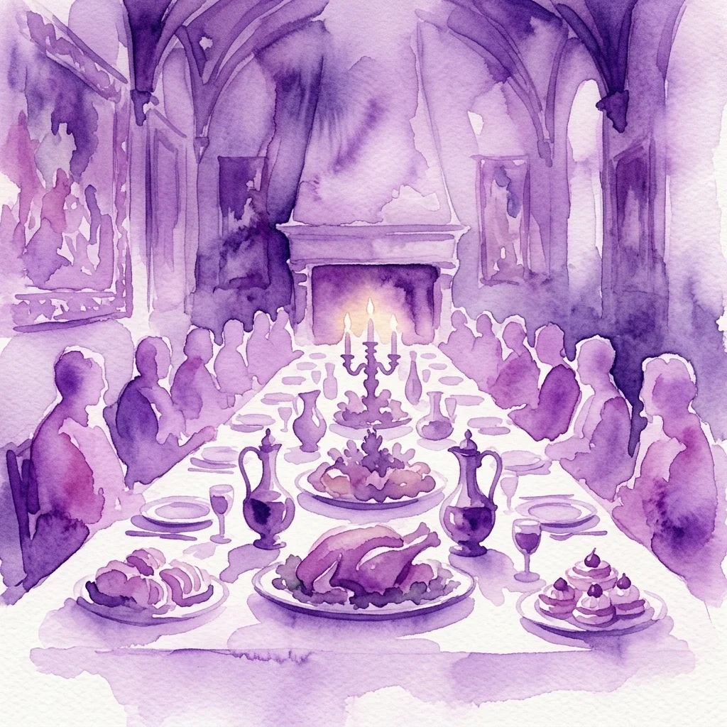 Een paars getinte aquarelillustratie van een groots koninklijk banket in een historische paleishal, met gasten aan een lange tafel vol lekkernijen, kandelaars en fijn servies, die de weelderige eetcultuur van het hof van koning Stanisław August oproept.