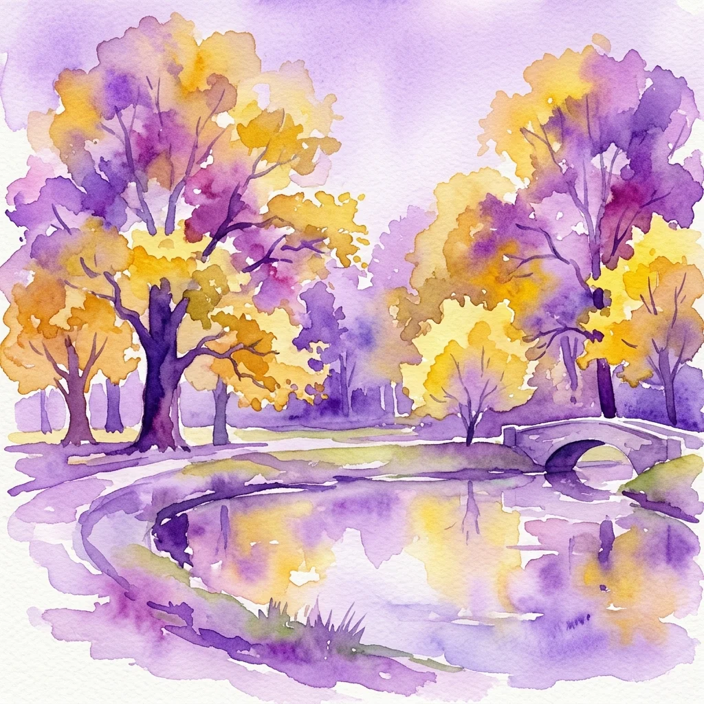 Watercolor painting of a serene autumn scene in Royal Łazienki Park, featuring golden trees, a stone bridge, and a reflective pond under a purple sky.