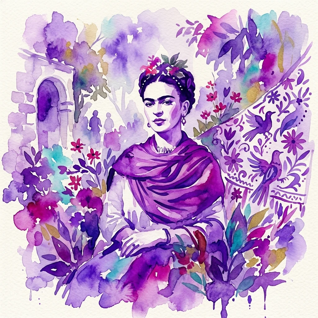 A watercolor illustration of Frida Kahlo surrounded by vibrant purple and pink flowers, traditional Mexican textiles, and foliage, evoking her artistic style and themes of resilience and self-expression.