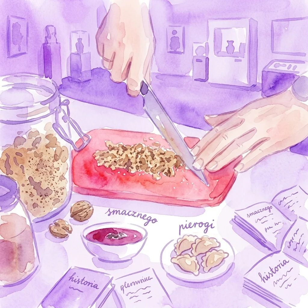Una ilustración en acuarela de un taller de cocina donde las manos preparan pierogi y otros platos polacos, con materiales de aprendizaje de idiomas como libros etiquetados 'smacznego', 'pierogi' e 'historia' en un entorno de museo.
