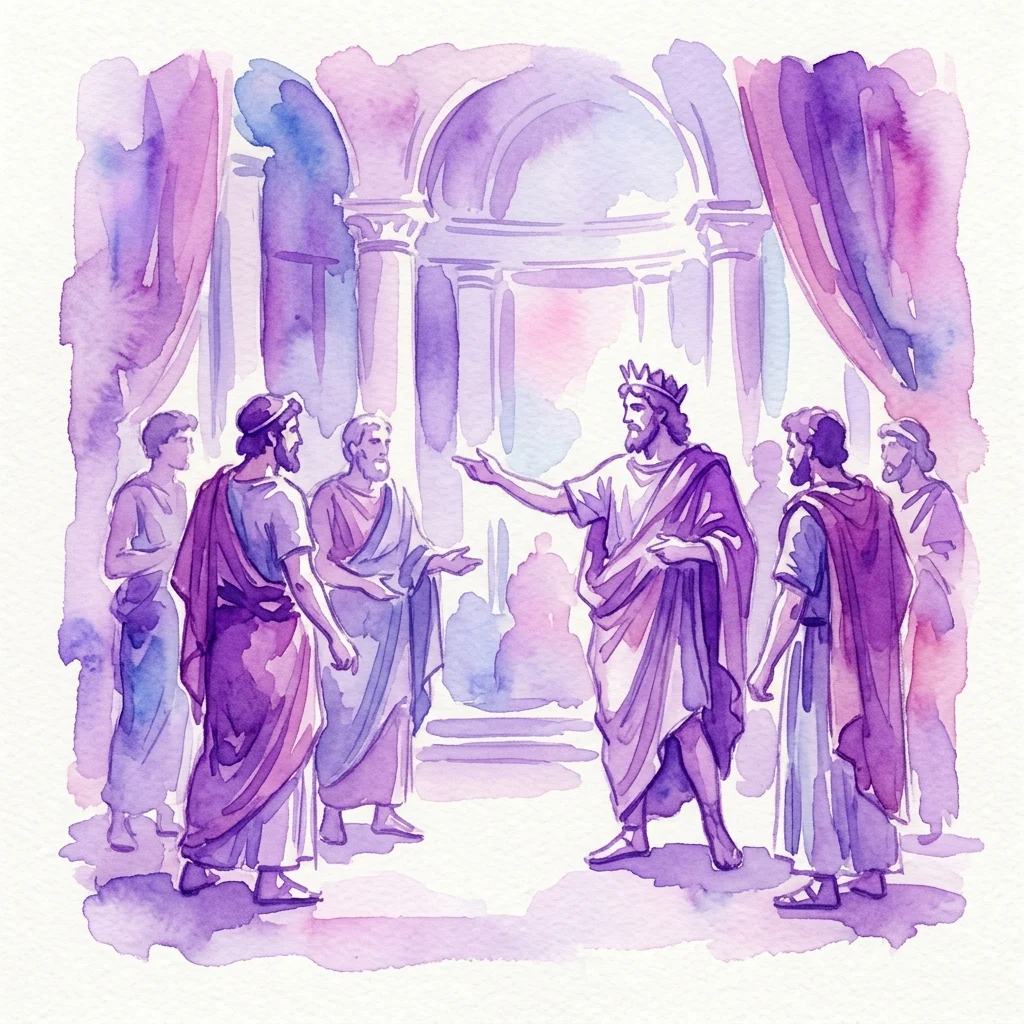 A watercolor illustration of the mythological scene 'Kadmos i Agedor', depicting King Agedor instructing his son Cadmus in a classical architectural setting with other figures observing.