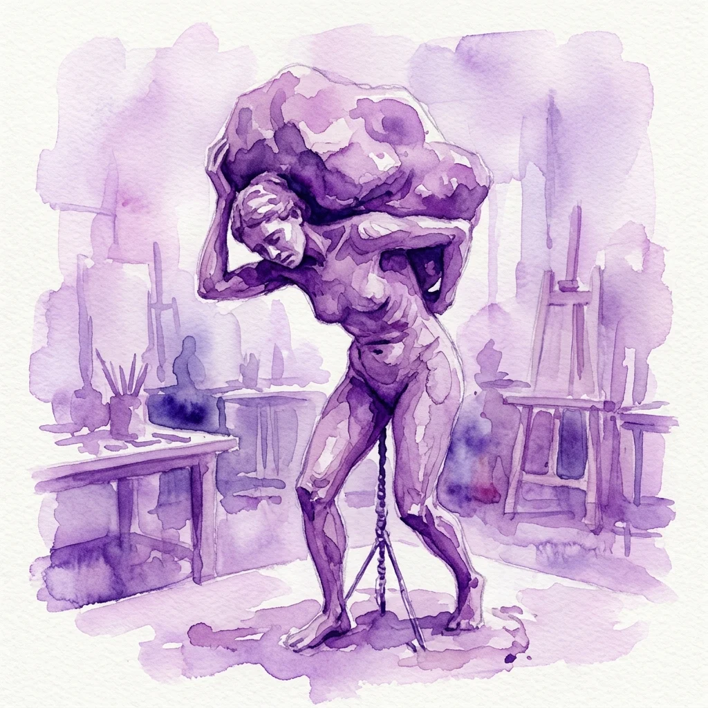 A watercolor illustration of a caryatid figure carrying a heavy burden, inspired by Auguste Rodin's sculptures, depicted in an art studio setting with purple hues.