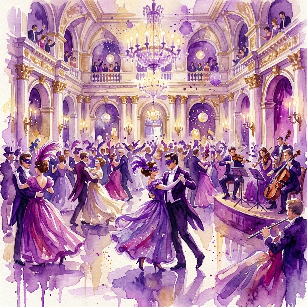 Ilustracja akwarelowa balu maskowego z XIX wieku w Warszawie, przedstawiająca elegancko ubranych tancerzy w wielkiej sali balowej z żyrandolami, muzykami i zamaskowanymi uczestnikami.