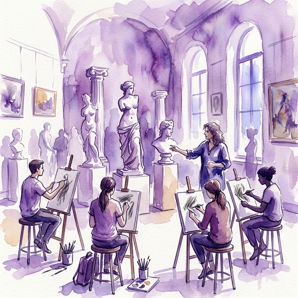 Un estudio de artista con estudiantes dibujando esculturas clásicas en caballetes, guiados por un instructor en un entorno de galería.