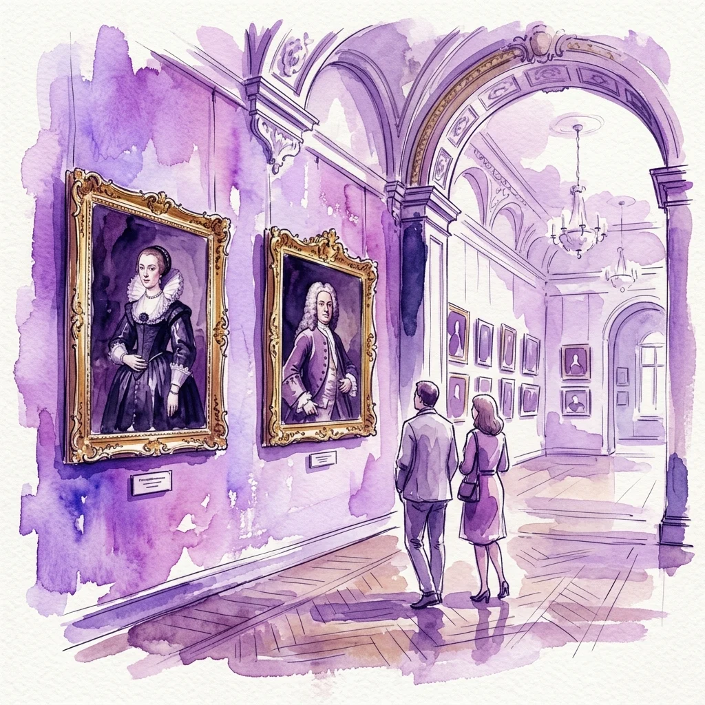 Watercolor illustration of a museum gallery with two visitors viewing historical portraits in ornate gold frames, set within a grand hall with arched ceilings and purple-toned walls.