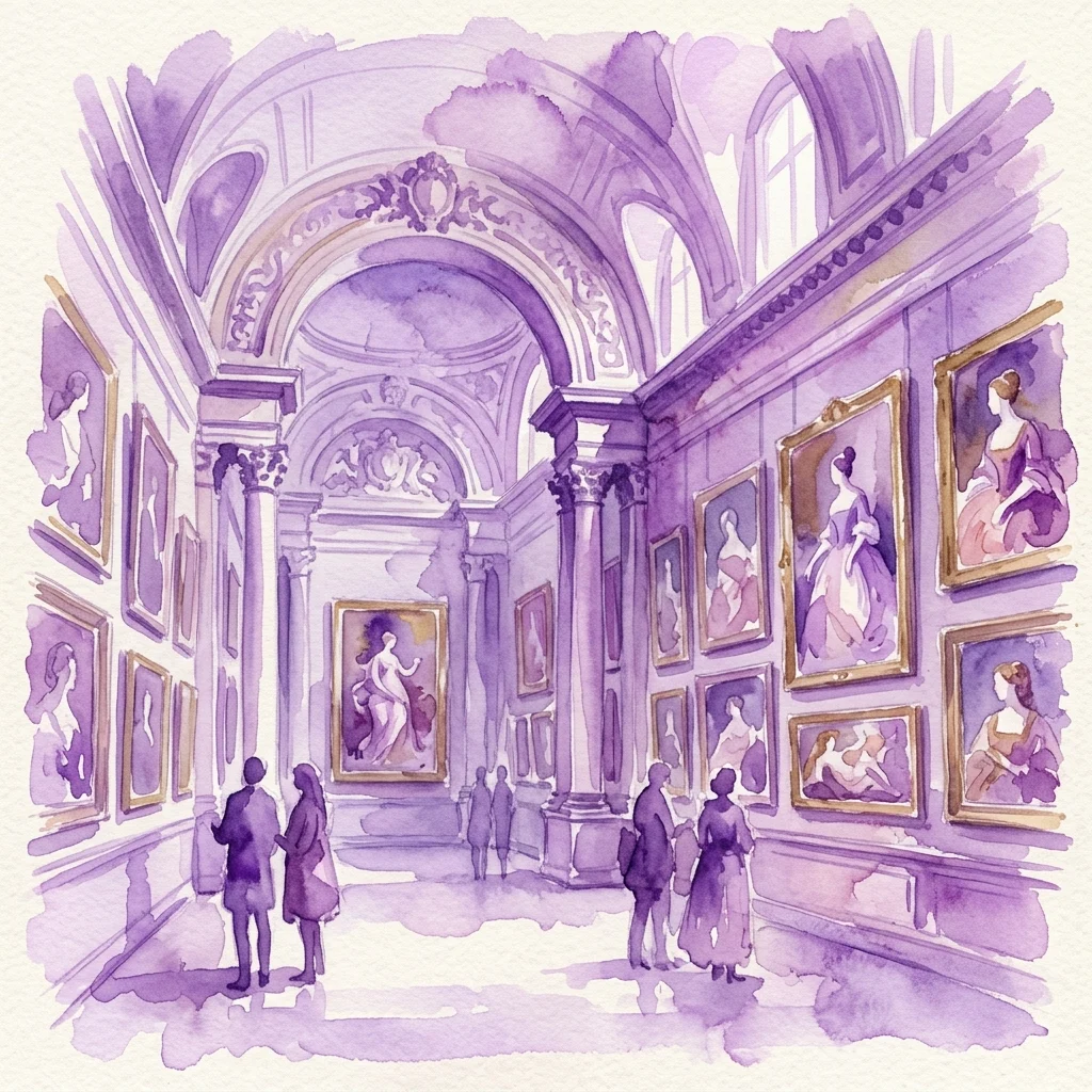 Ilustracja akwarelowa wspaniałej galerii z klasycznymi obrazami kobiet, z ozdobnymi łukami i kolumnami, przedstawiająca Królewską Galerię Malarstwa w Pałacu na Wyspie.