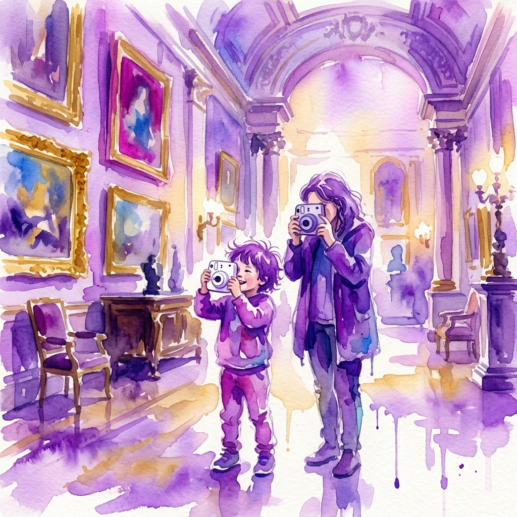 A child and an adult using Instax cameras to photograph art in a grand palace gallery, surrounded by paintings and ornate architecture.