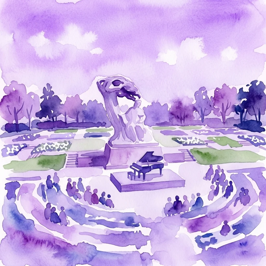 Una ilustración en acuarela de los Conciertos de Chopin en el Parque Łazienki, con un piano de cola en un escenario bajo el Monumento a Fryderyk Chopin, y miembros de la audiencia reunidos en el jardín bajo un cielo púrpura.
