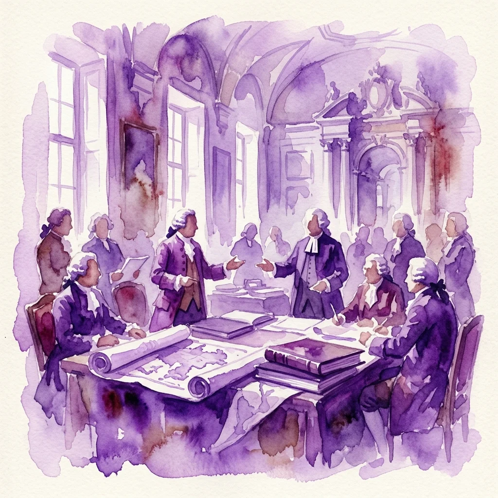 Scena XVIII-wiecznej konferencji naukowej z uczonymi w strojach z epoki dyskutującymi o historii sztuki, rozgrywająca się w okazałej sali z łukowymi oknami i klasyczną architekturą, przywołująca wymianę kulturalną między Warszawą a Dreznem.