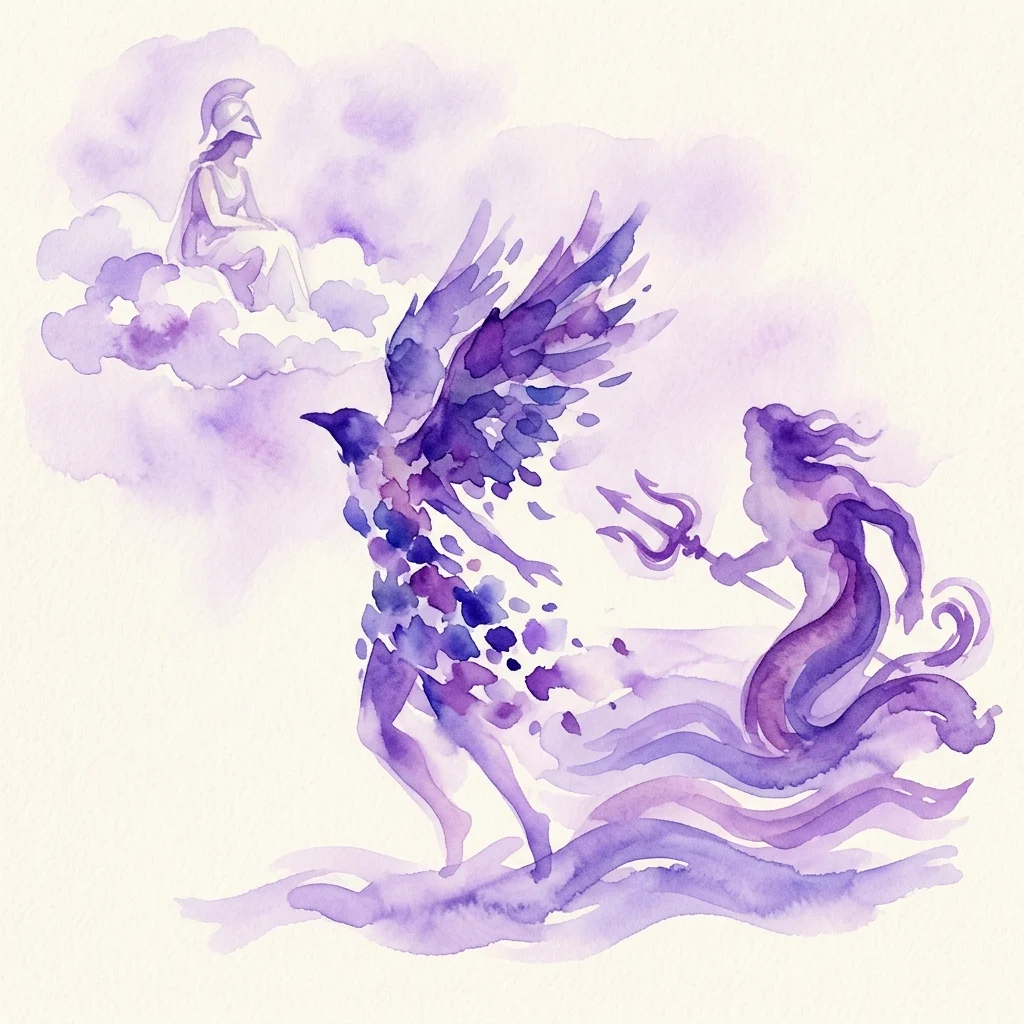 Ilustracja akwarelowa przedstawiająca mitologiczną scenę ucieczki Koronis przed Posejdonem, który zmienia się w kruka, z Ateną obserwującą z chmur.