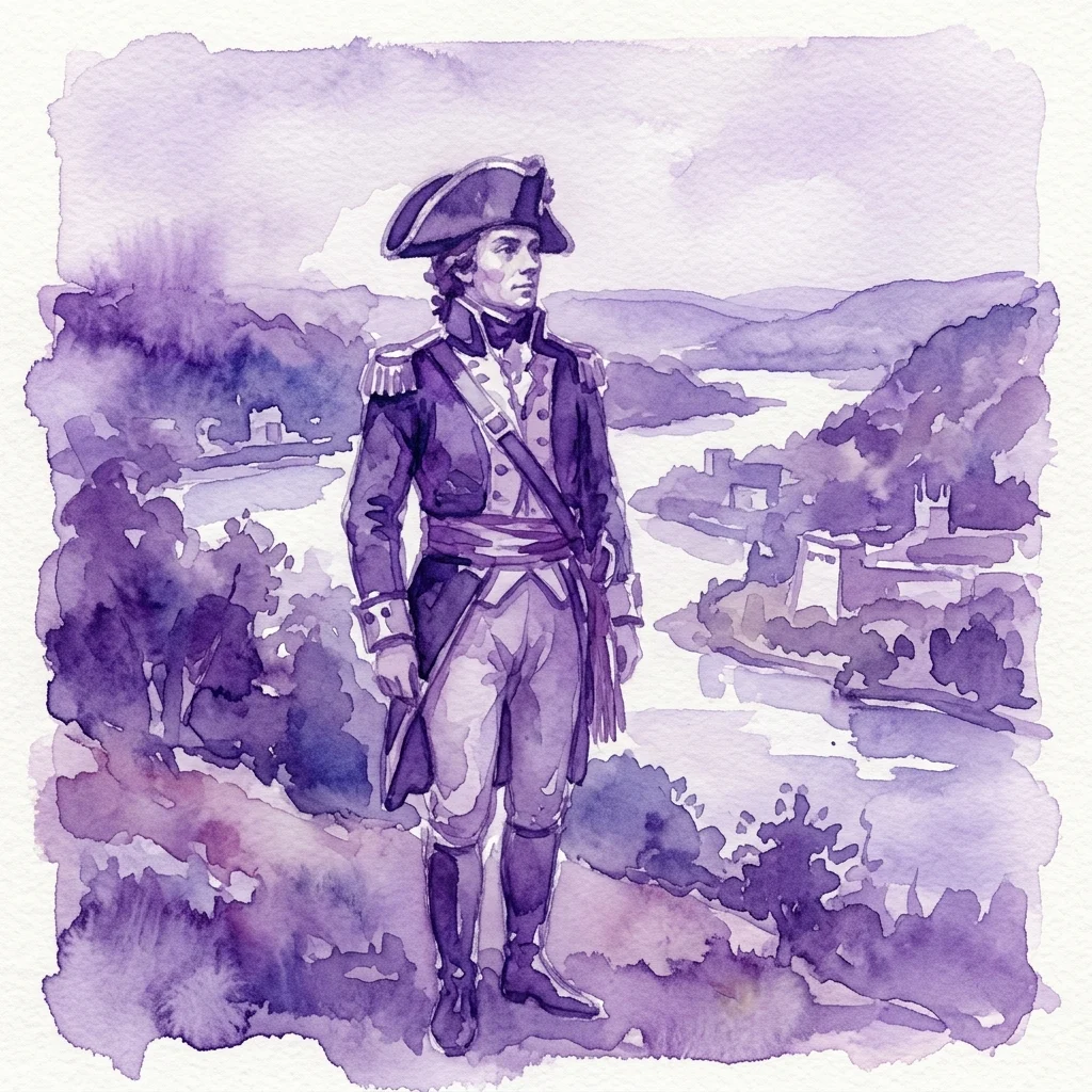 Watercolor painting of Tadeusz Kościuszko in military uniform standing at West Point, with a scenic river and hills in the background, depicted in purple tones.