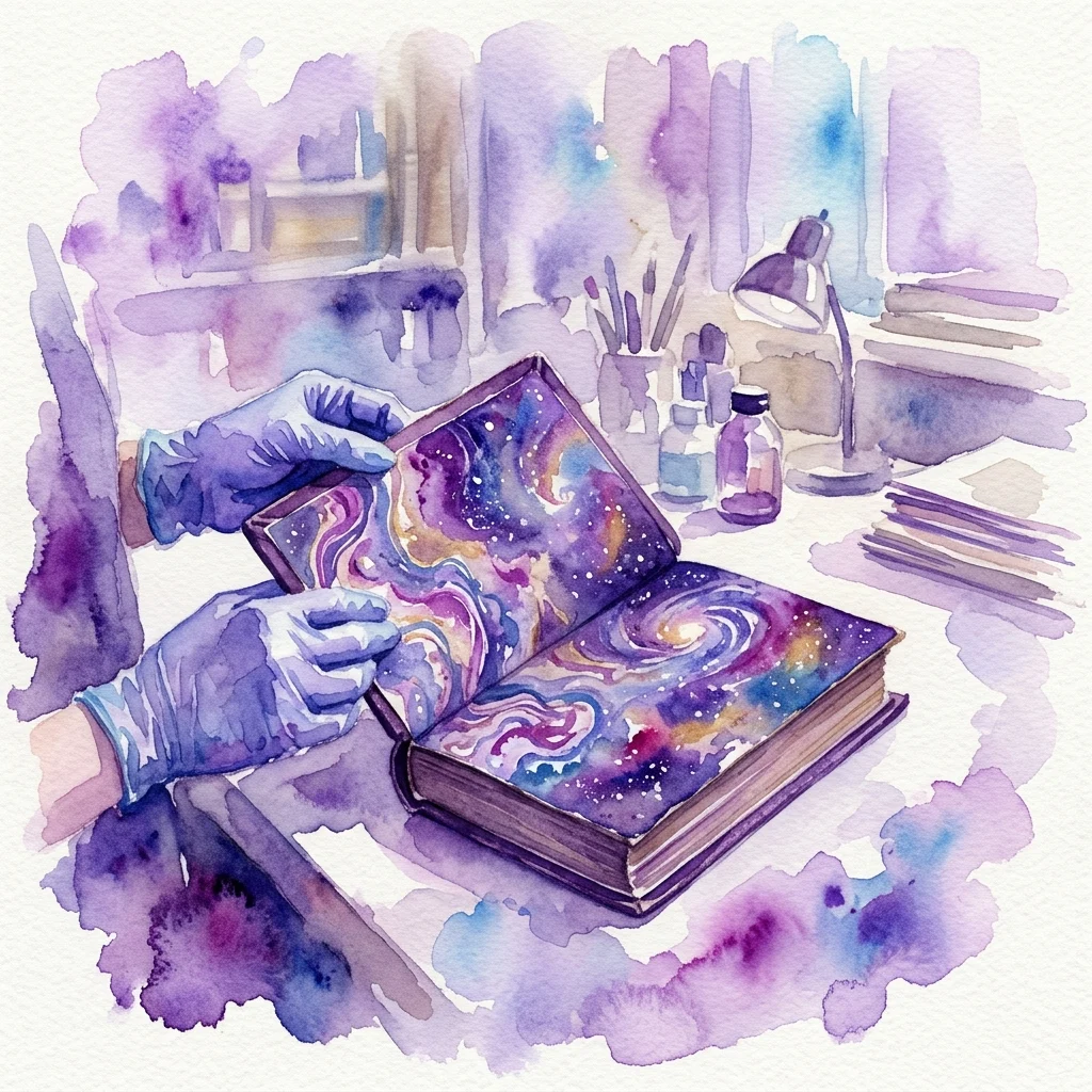 A watercolor illustration of gloved hands examining a book with cosmic nebula patterns on its marbled endpapers, set on a workbench with art supplies.