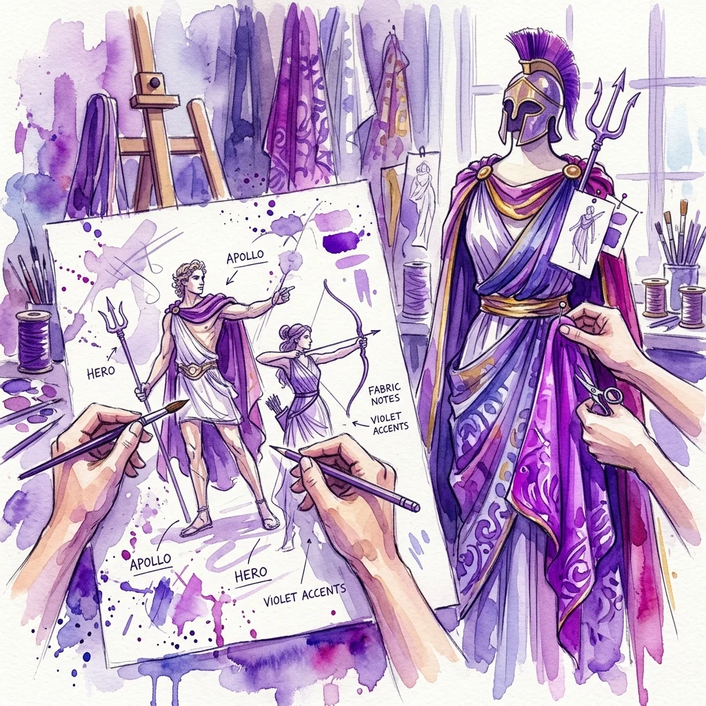 Manos dibujando el diseño de un traje clásico para Apolo y un héroe, con muestras de tela y un maniquí vestido con un traje mitológico morado y dorado.