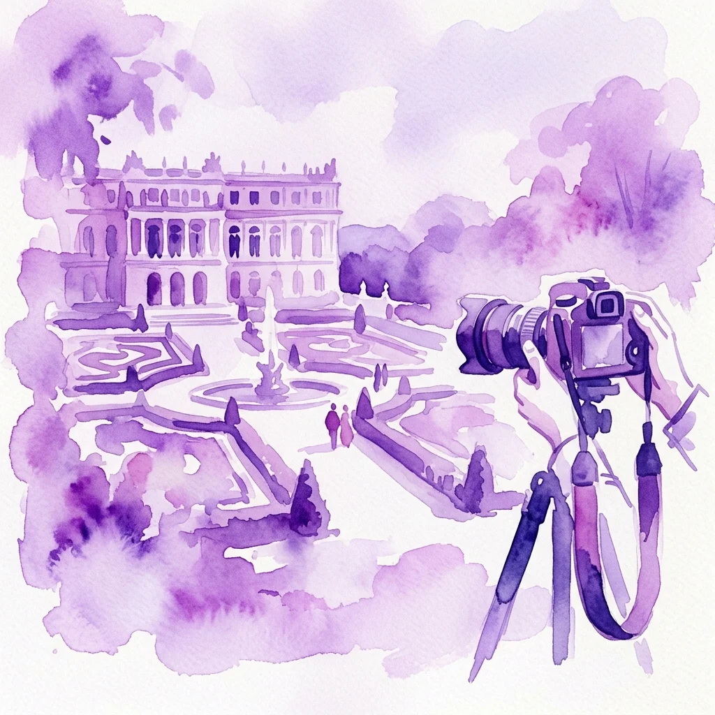 Ilustracja Pałacu i ogrodów Łazienkowskich w stylu akwareli z XVIII wieku, skontrastowana z nowoczesnym aparatem na statywie, symbolizująca warsztaty fotograficzne porównujące historyczne i współczesne widoki parku.