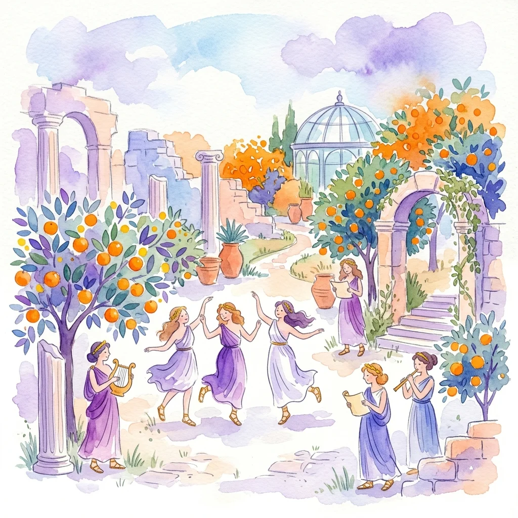 Ilustracja akwarelowa klasycznych muz w zwiewnych szatach tańczących i grających muzykę w tętniącym życiem orangery z drzewami pomarańczowymi, starożytnymi ruinami i szklaną oranżerią, inspirowana Starą Oranżerią w Muzeum Łazienki Królewskie.