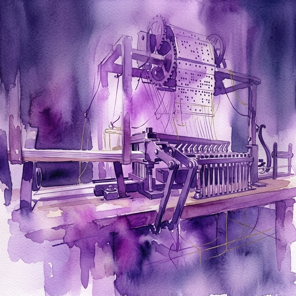 Ilustracja akwarelowa krosna żakardowego z XIX wieku ze skomplikowanymi elementami mechanicznymi i kartami perforowanymi, prezentująca historyczne techniki produkcji tekstyliów.
