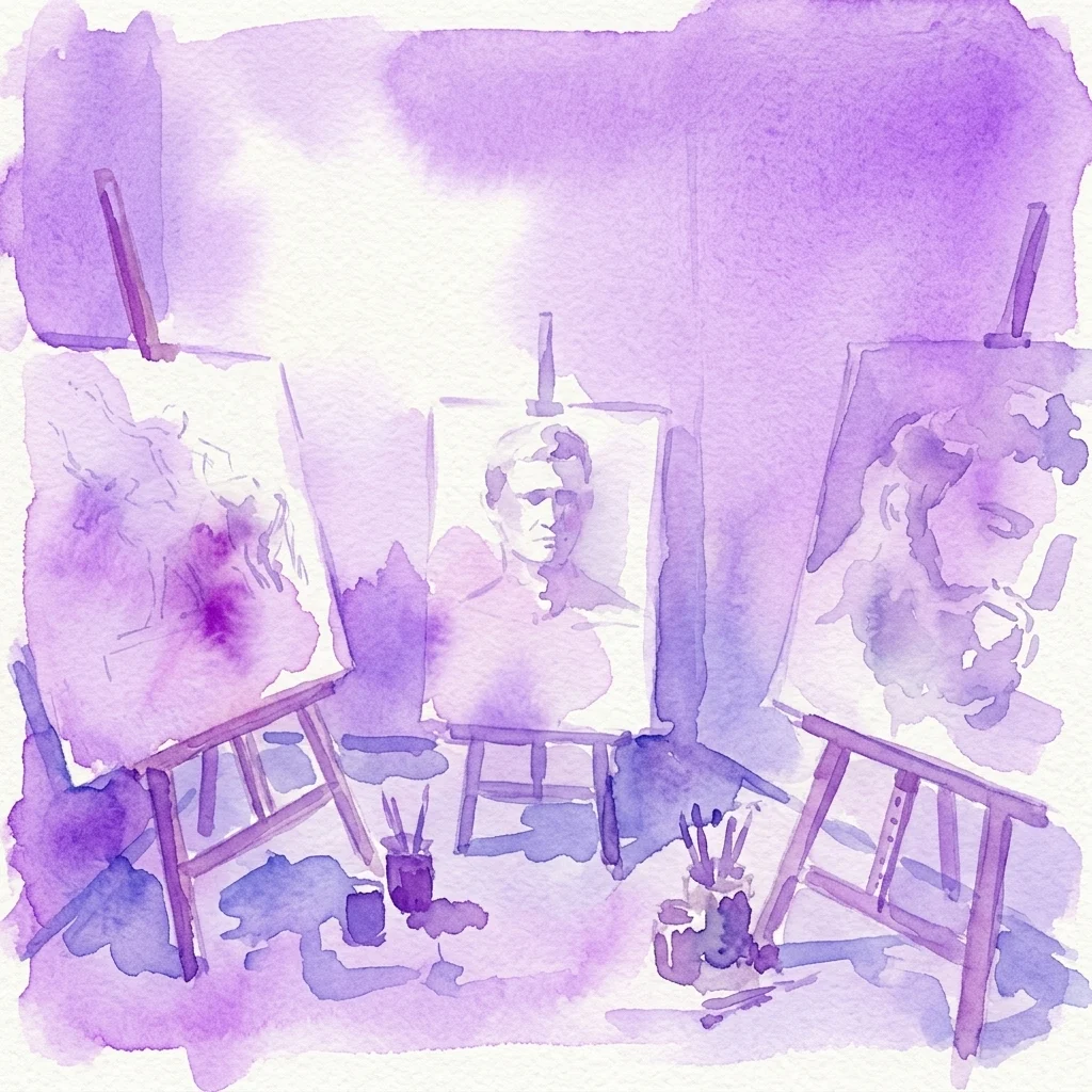 Watercolor illustration of an art studio with easels, canvases, and drawing supplies, depicting a creative workshop for learning drawing and painting techniques.