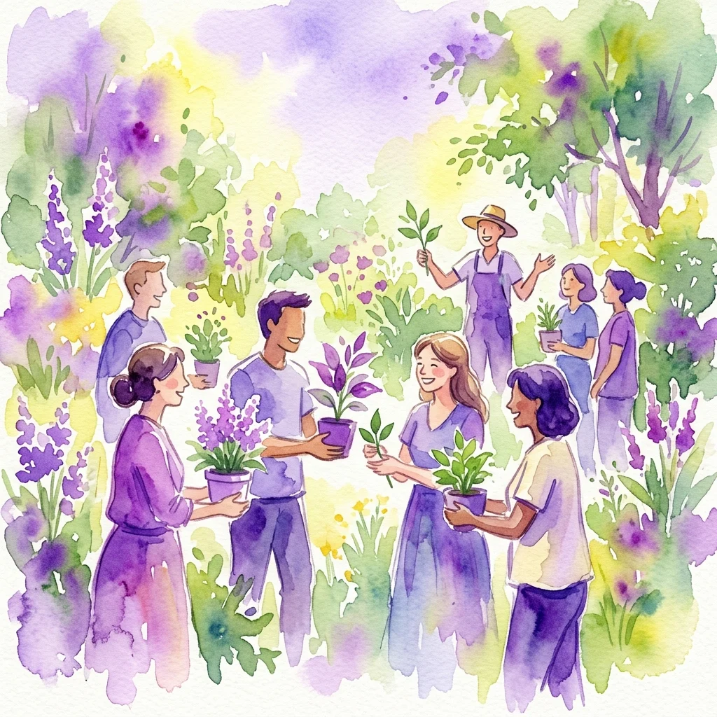 Ilustracja akwarelowa przedstawiająca ludzi wymieniających się doniczkowymi roślinami i sadzonkami w słonecznym ogrodzie, z ekspertem od roślin w tle udzielającym porad z zakresu ogrodnictwa.