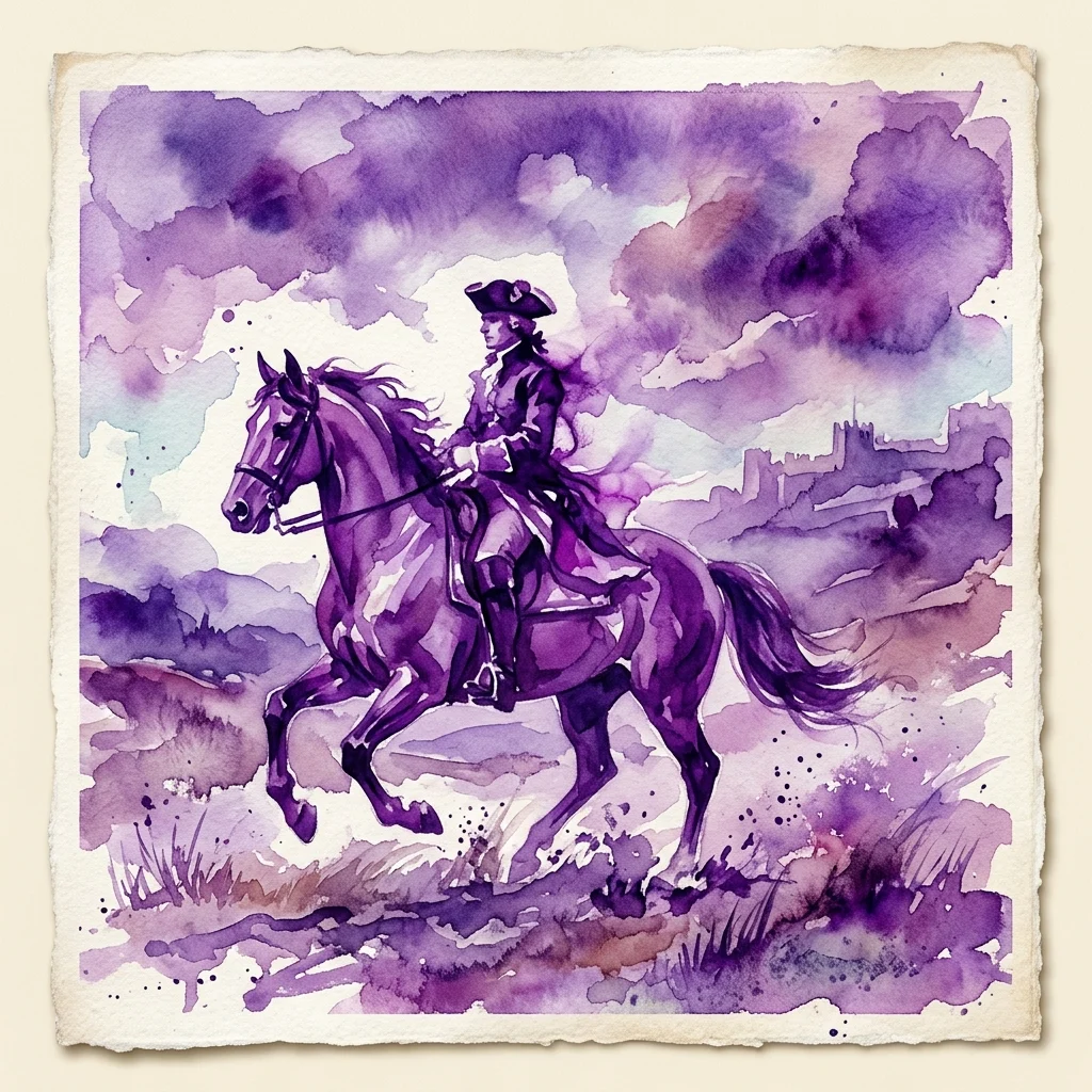 Een waterverfinterpretatie van Rembrandts 'The Polish Rider', die een figuur te paard afbeeldt in een dramatisch paars getint landschap, geïnspireerd op het schilderij uit The Frick Collection.
