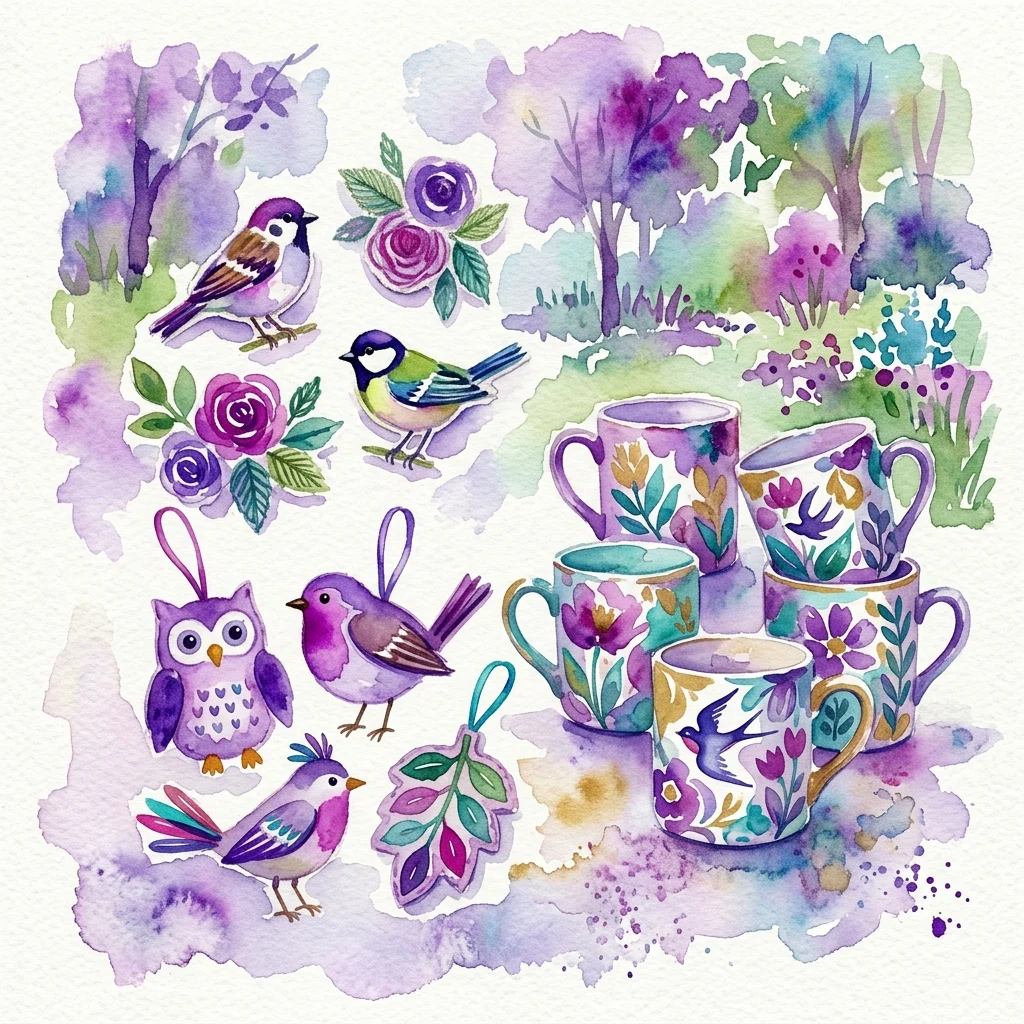 Watercolor illustration of handcrafted items including ceramic mugs, felt animal keychains, and embroidered brooches, inspired by birds and flora from Royal Łazienki Park.