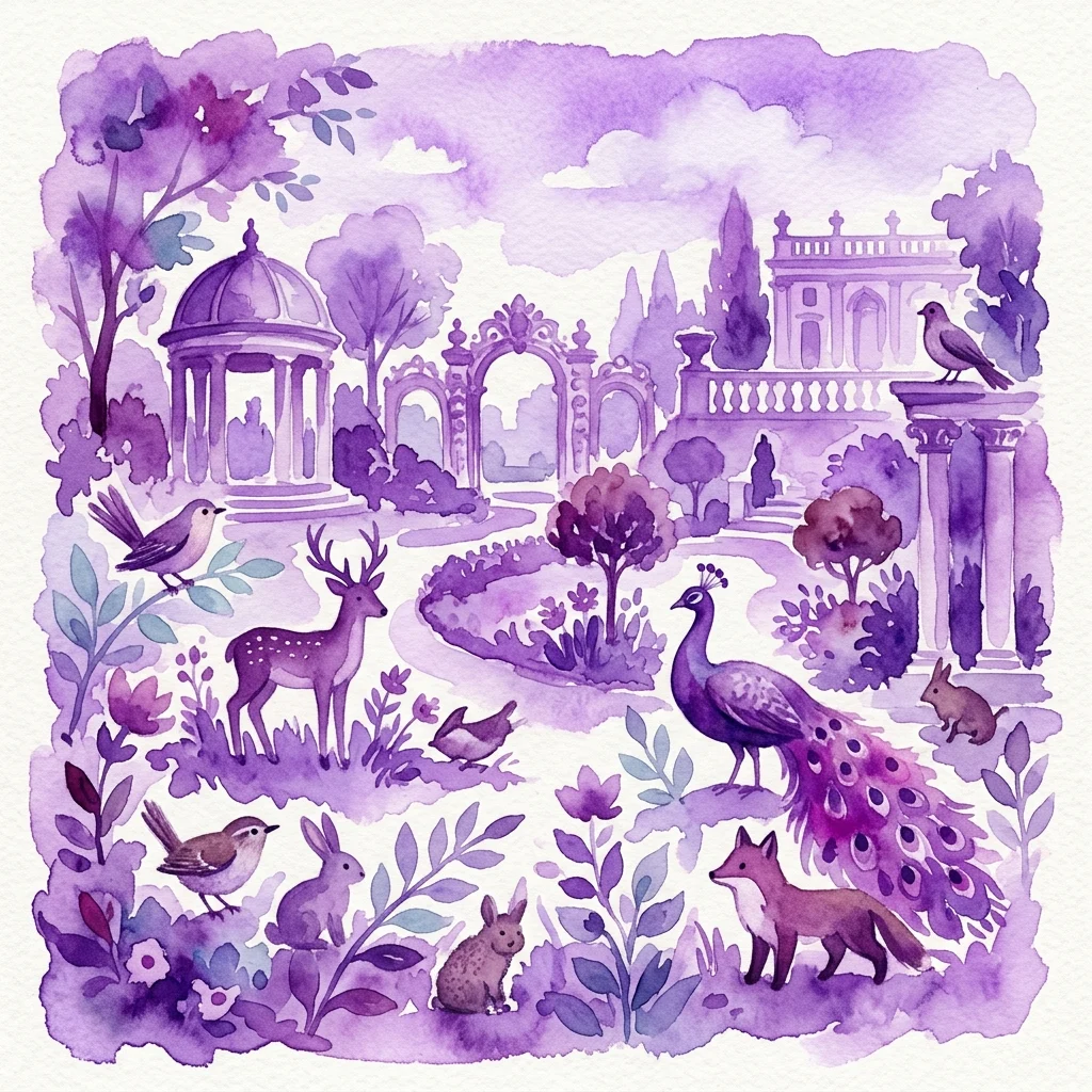 Ilustracja akwarelowa w purpurowych barwach przedstawiająca królewski park z jeleniami, pawiami, ptakami, królikami i lisami wśród klasycznej architektury i bujnej roślinności.