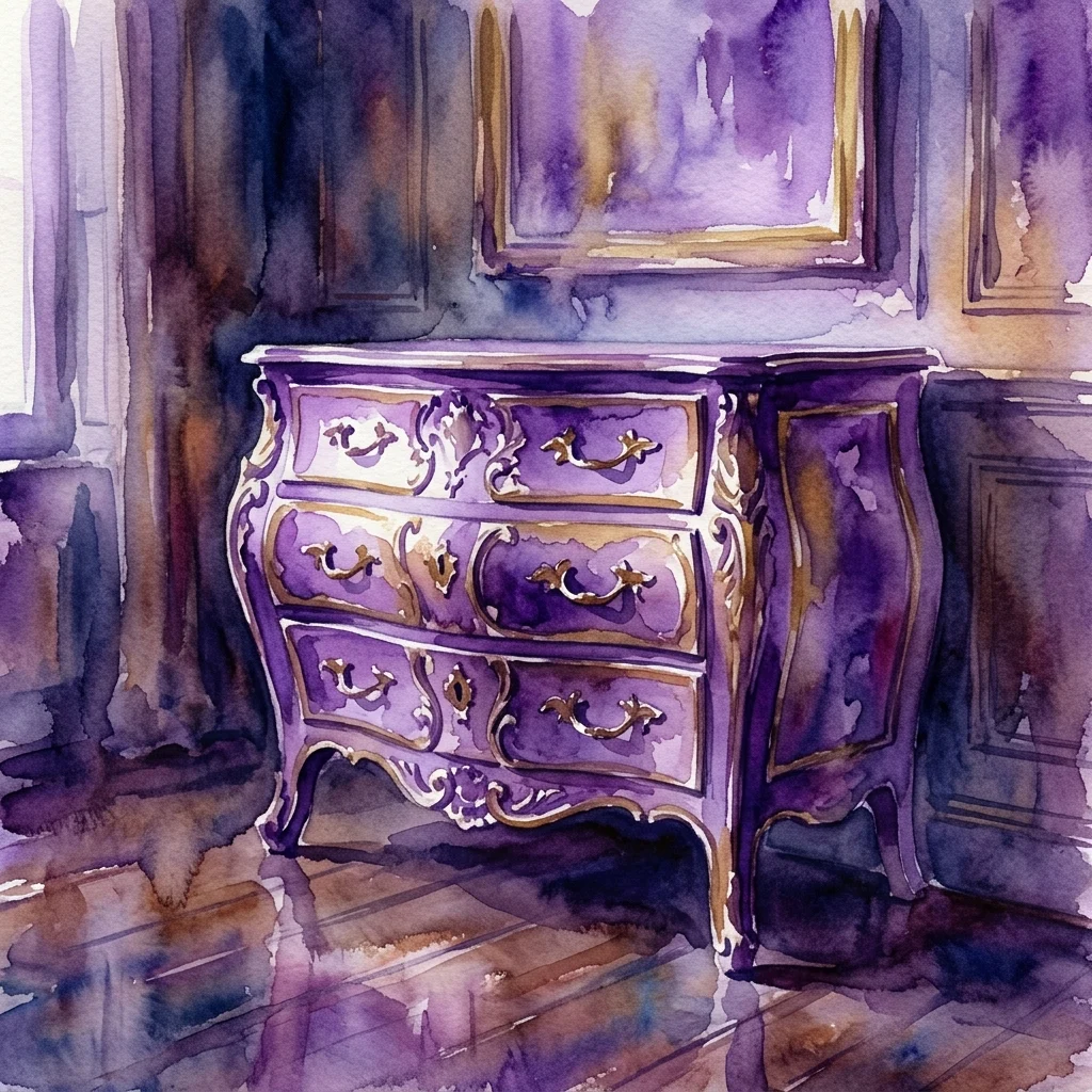 Een sierlijke 18e-eeuwse commode in paars en goud, met ingewikkeld houtsnijwerk en gebogen poten, tentoongesteld in een schemerige kamer met een gepolijste houten vloer.