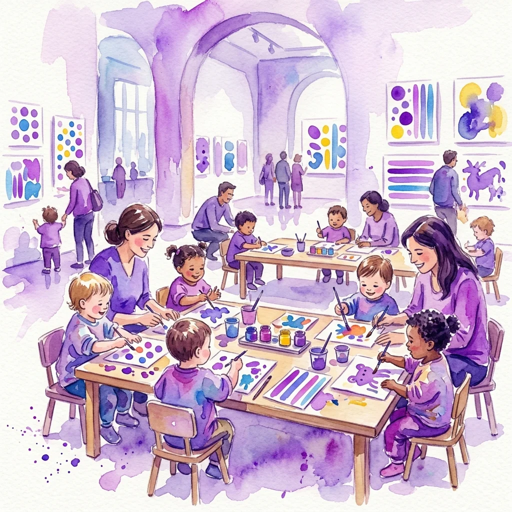 Niños y cuidadores participan en una actividad artística creativa en un museo, pintando con materiales coloridos en una galería con arte abstracto en las paredes.