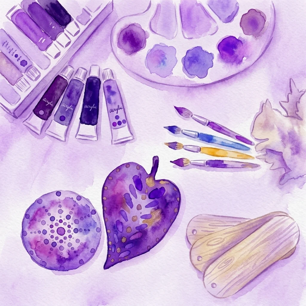 A watercolor illustration of acrylic paint tubes, brushes, a palette, and wooden items with dot painting designs, inspired by the Royal Menagerie theme.
