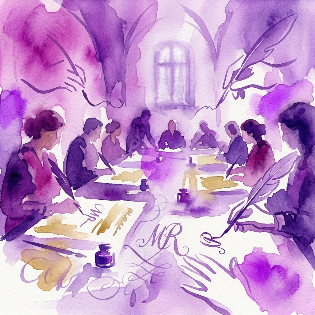 Ilustracja akwarelowa warsztatów kaligrafii z uczestnikami używającymi piór zaostrzonych i atramentu na pergaminie, ćwiczącymi angielską kursywę z XVIII wieku w muzealnym otoczeniu edukacyjnym.