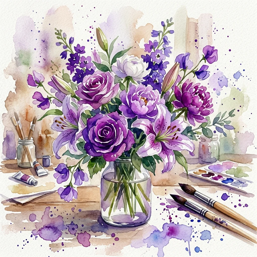Ilustracja akwarelowa kompozycji kwiatowej z fioletowymi różami, liliami i piwoniami w szklanym wazonie, otoczona pędzlami, farbami akwarelowymi i rozpryskami, przywołująca atmosferę pracowni florystycznej.