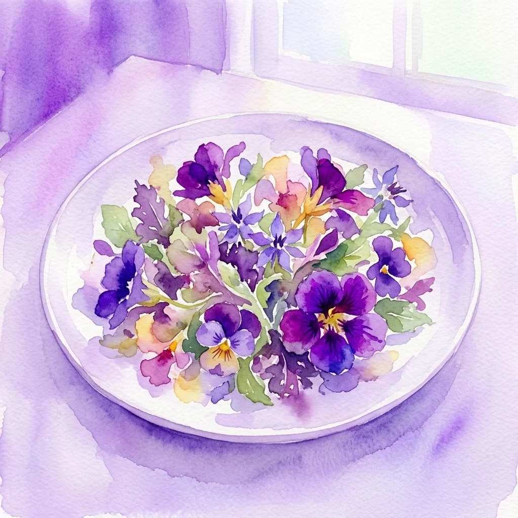 A watercolor illustration of a plate of edible flowers, including purple violets and other blooms, arranged as a salad in a modern setting.