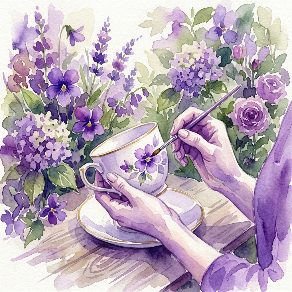 Een persoon die een bloemmotief op een porseleinen theekop en schotel schildert met een fijn penseel, omringd door paarse bloemen en botanische illustraties.