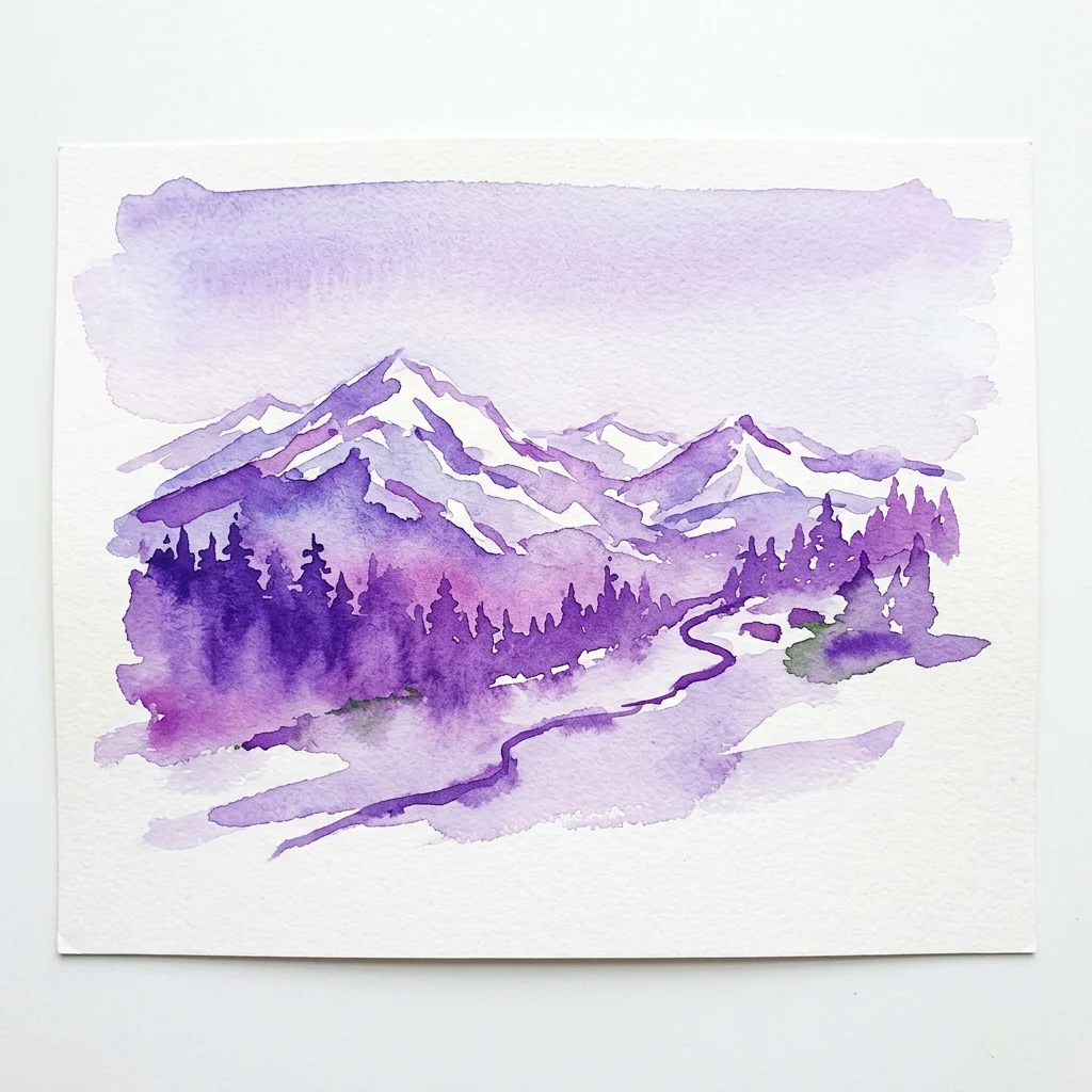 Una acuarela de un paisaje de montaña sereno con tonos púrpuras y blancos, que representa picos nevados, bosques de hoja perenne y un río sinuoso, representada en un estilo reflexivo y tranquilo.