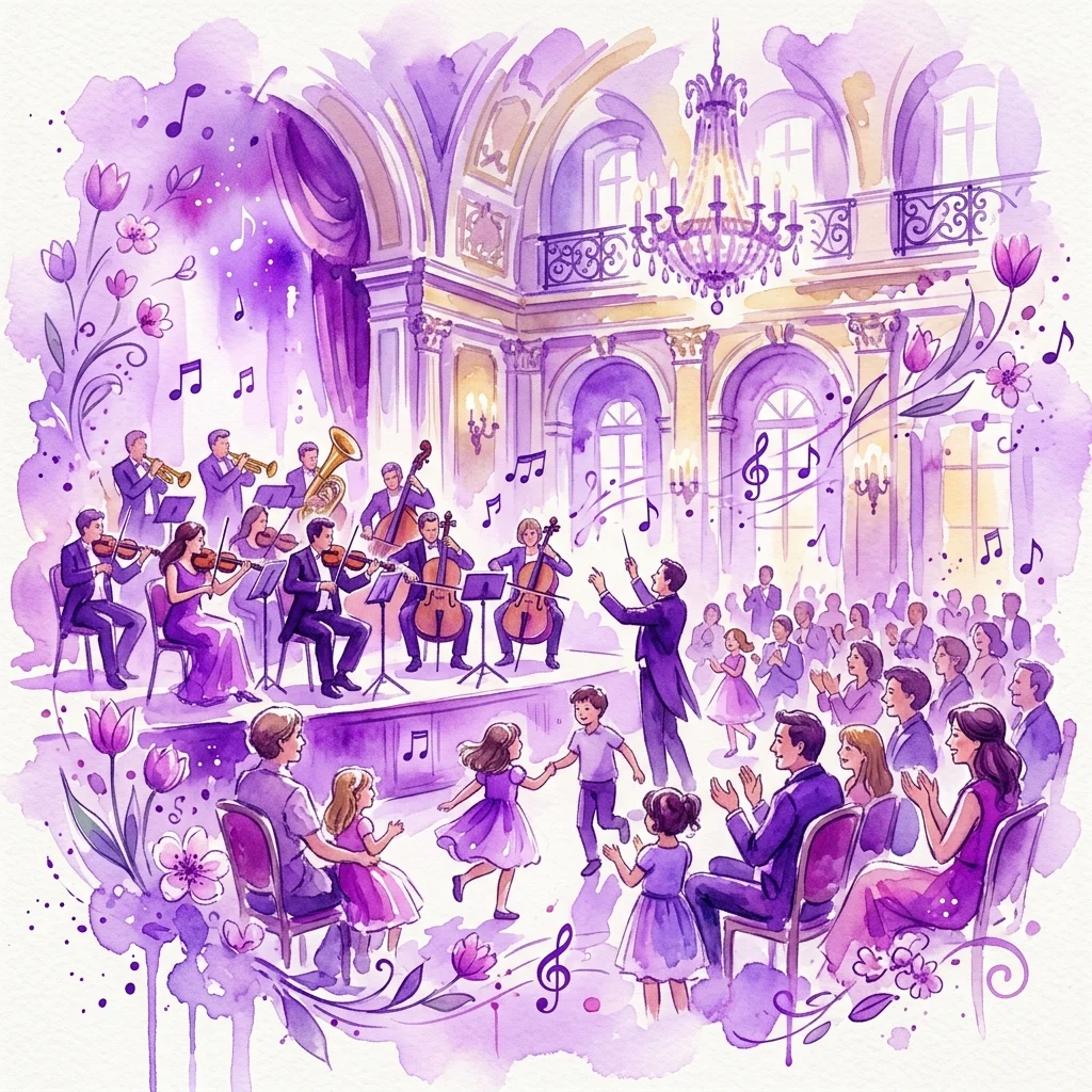 Een aquarelillustratie van een gezinsvriendelijk orkestconcert in het Paleis op het Eiland, met musici die optreden met kinderen en volwassenen in een lente-thema setting met muzieknoten en bloemen.